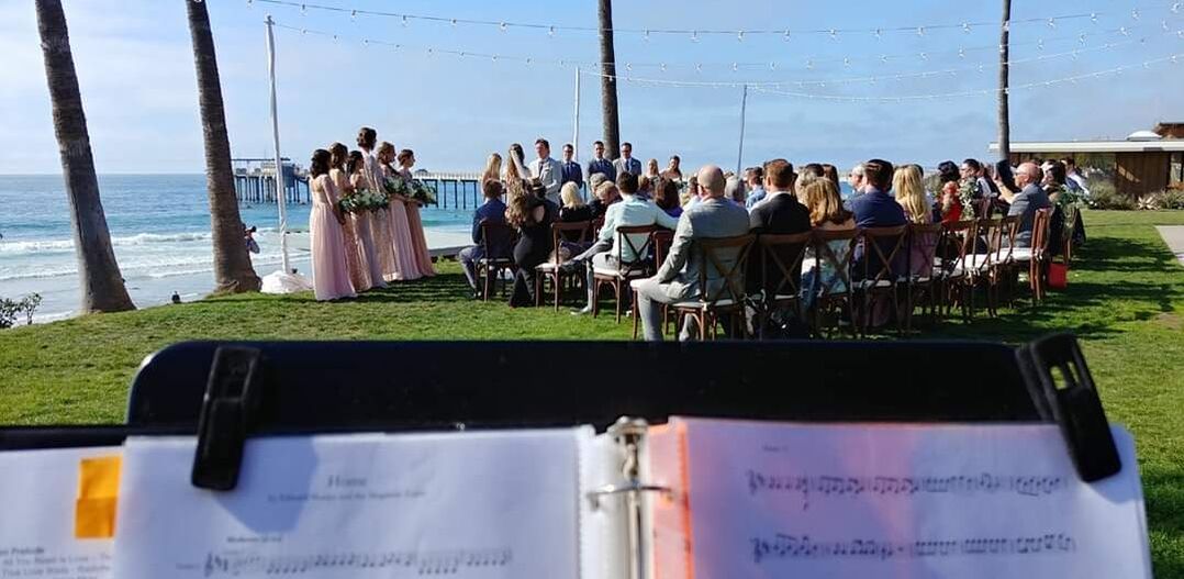 Looking over a wedding at Scripps Seaside Forum while Left Coast Quintet plays wedding ceremony music in La Jolla