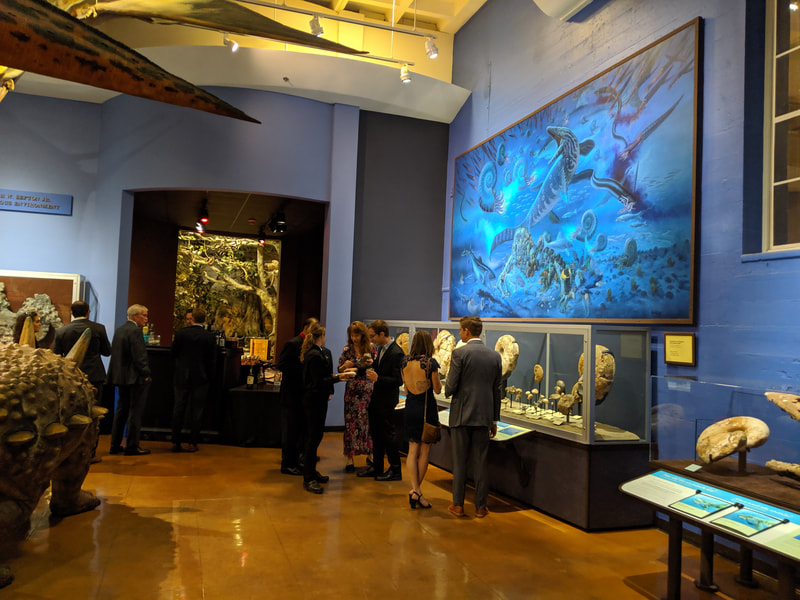 Wedding guests mingling at the Natural History Museum exhibits at Balboa Park